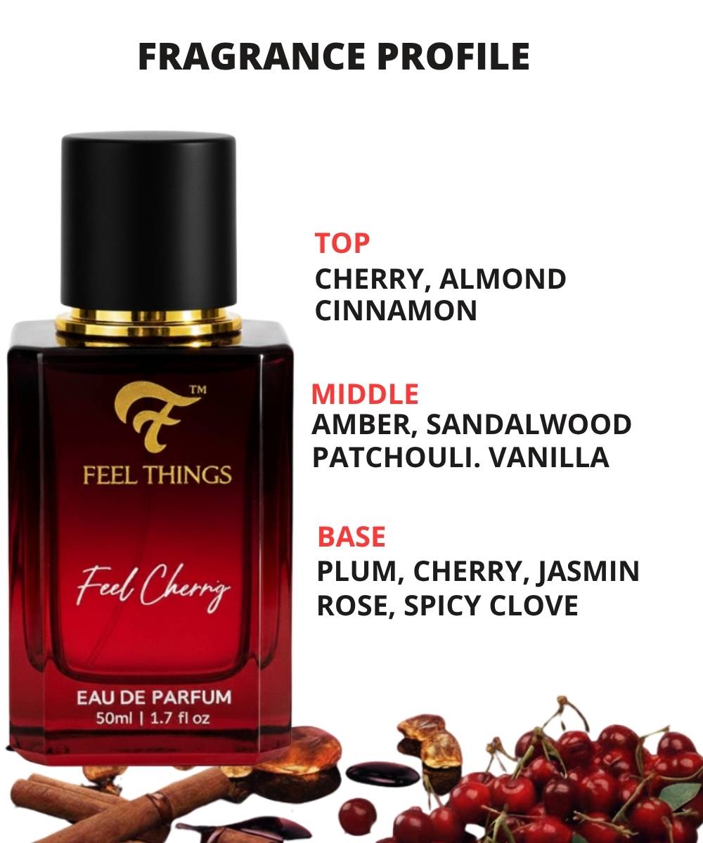 Feel cherry perfume bottle with fragrance profile details on a white background