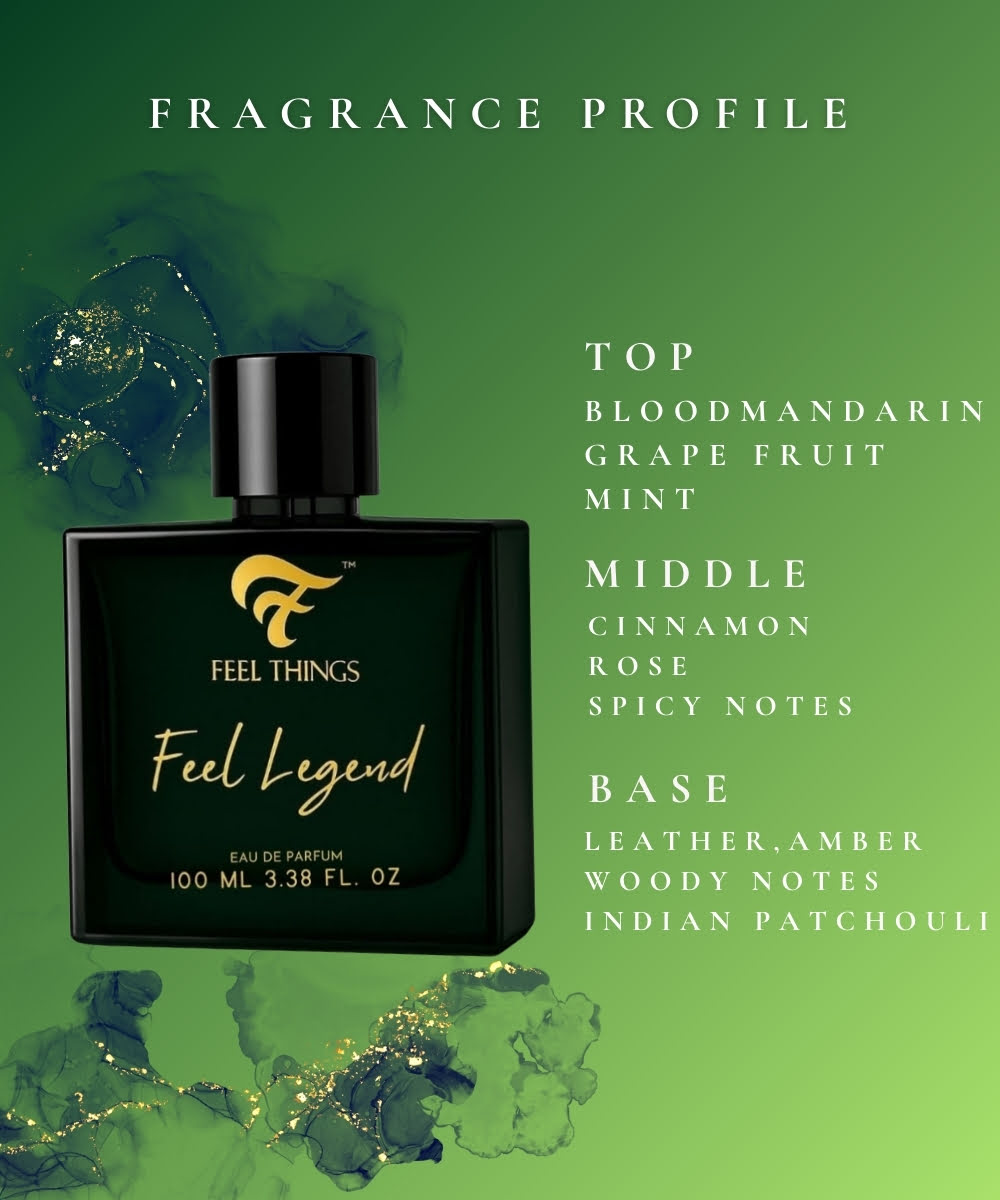 Feel legend Perfume bottle with fragrance profile on a green background
