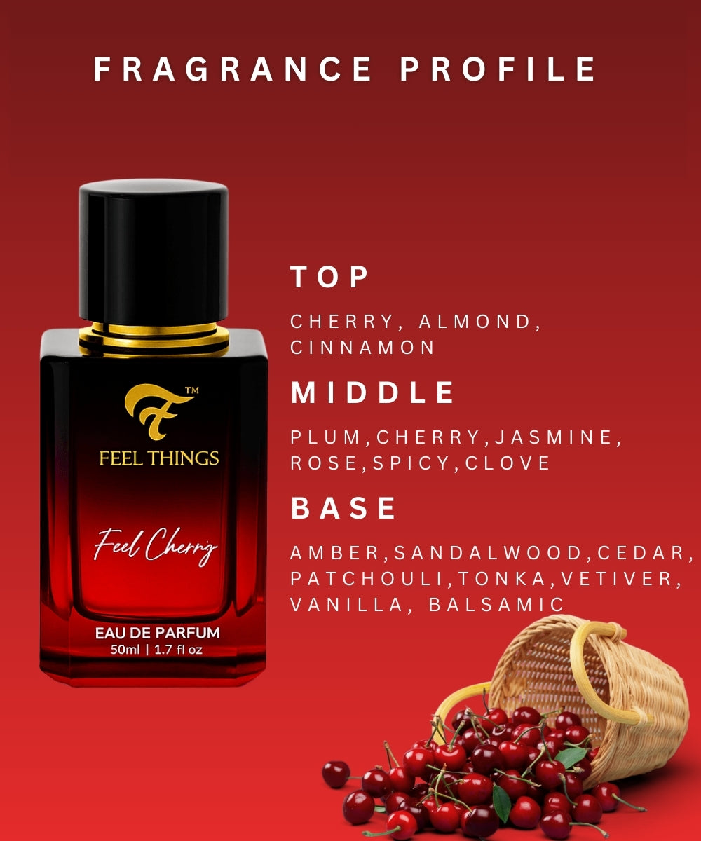 Red and black perfume bottle with cherry elements on a red background, featuring fragrance profile details.