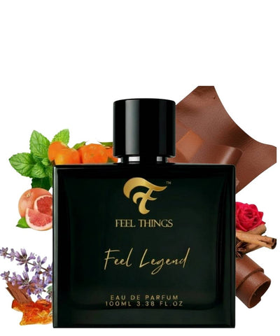 Feel Legend Black perfume bottle labeled 'Feel Things Feel Legend' with leather,spicy,floral and fruit ingredients on a white background
