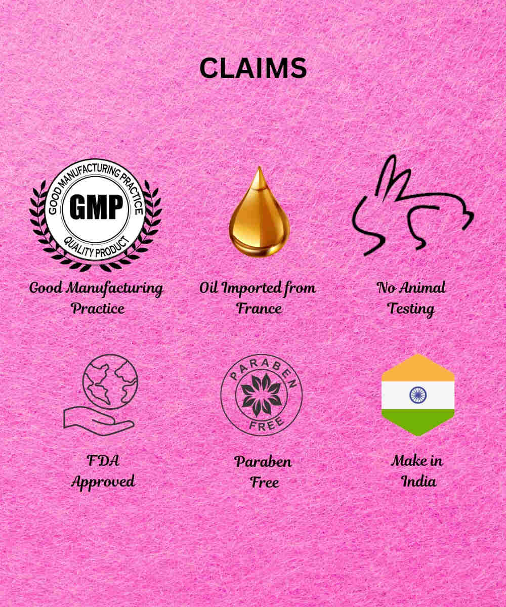 List of product claims on a feel wild perfume pink background with corresponding icons and text.