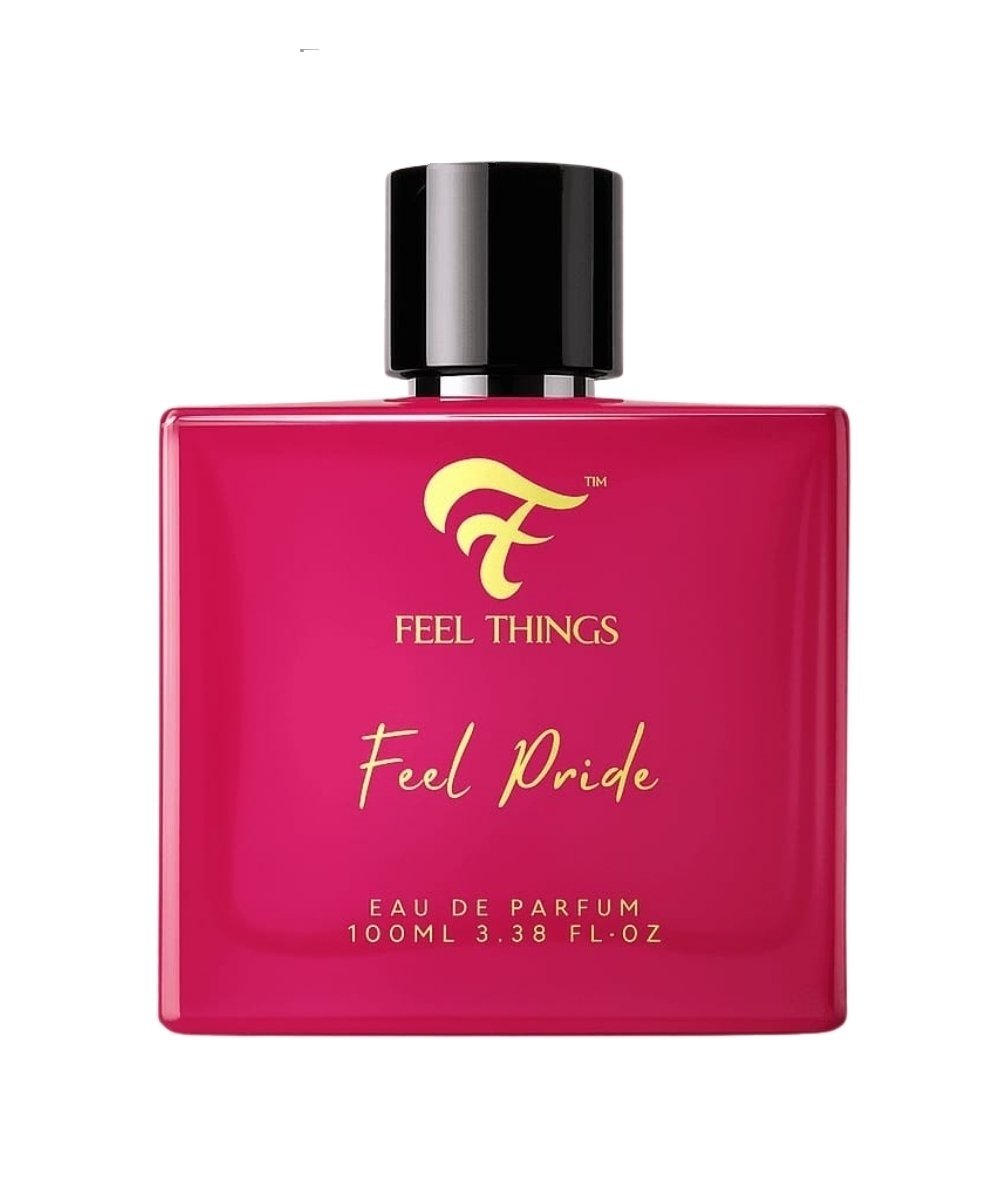 Pink perfume bottle labeled 'Feel Things Feel Pride' on a white background