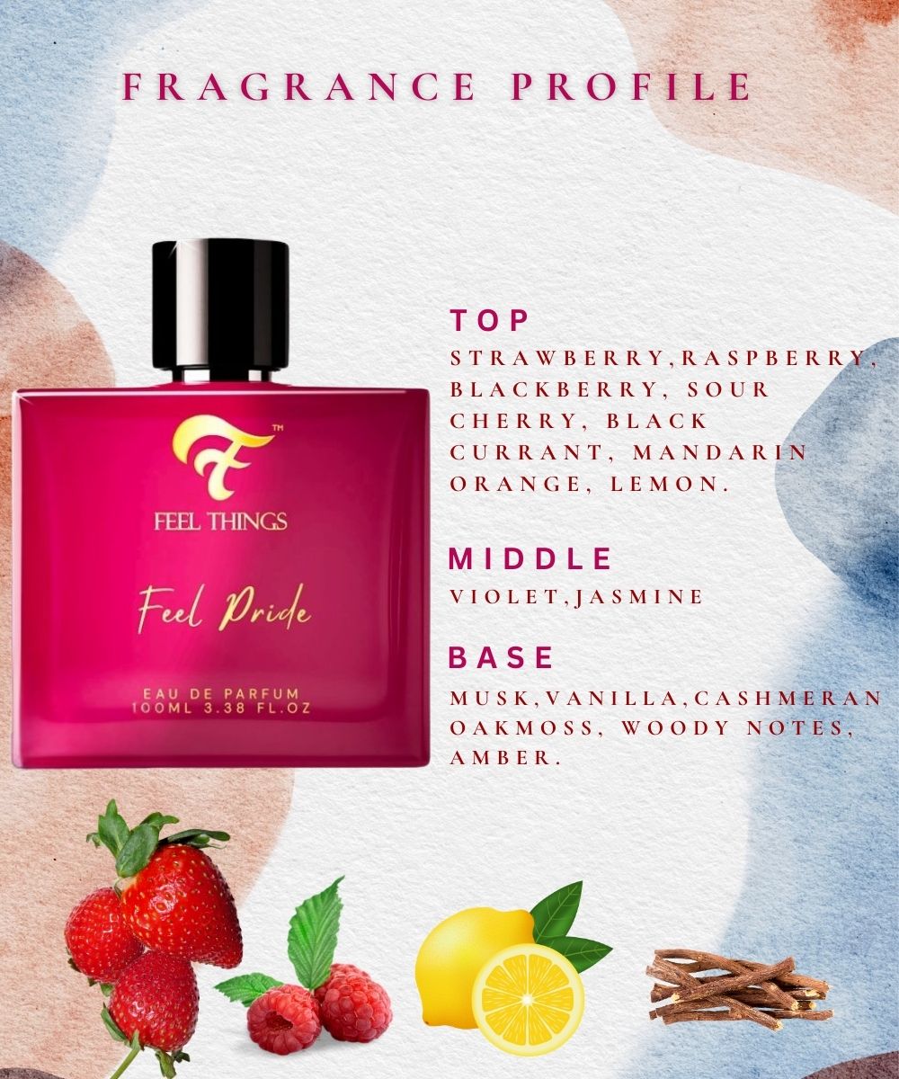 feel pride perfume bottle labeled 'Feel Things' with fragrance profile details and floral elements.
