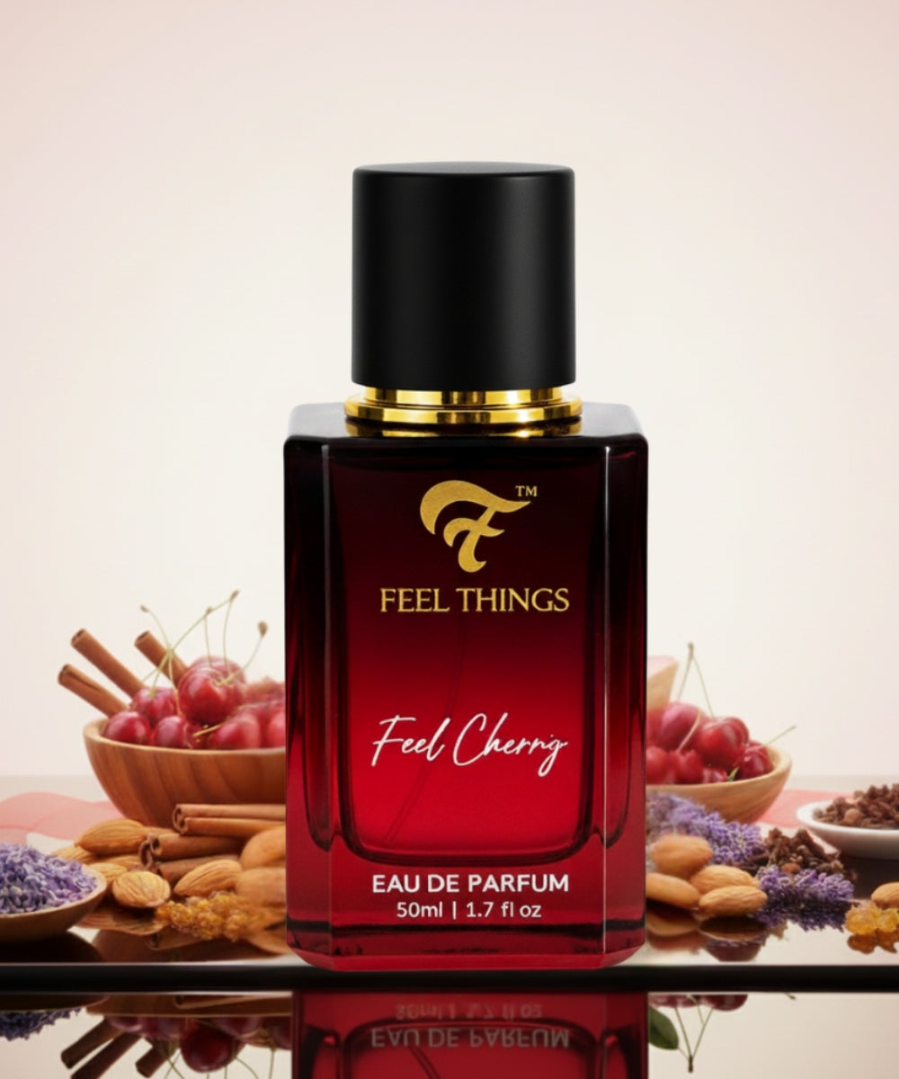 Feel cherry Perfume bottle labeled 'Feel Things Feel Cherry' with cherry and ingredients .