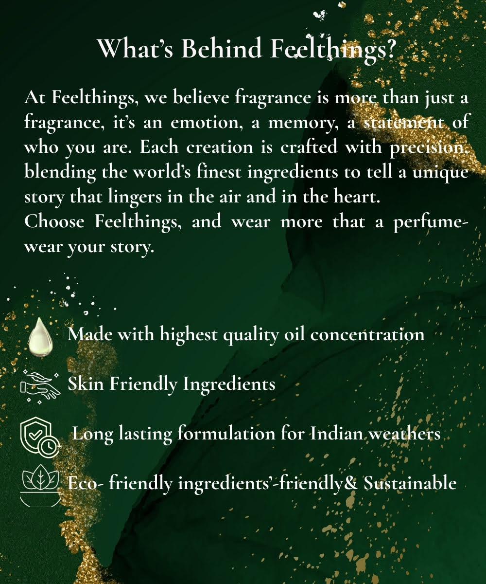 Promotional text about Feelthings fragrance on a green background with decorative elements.