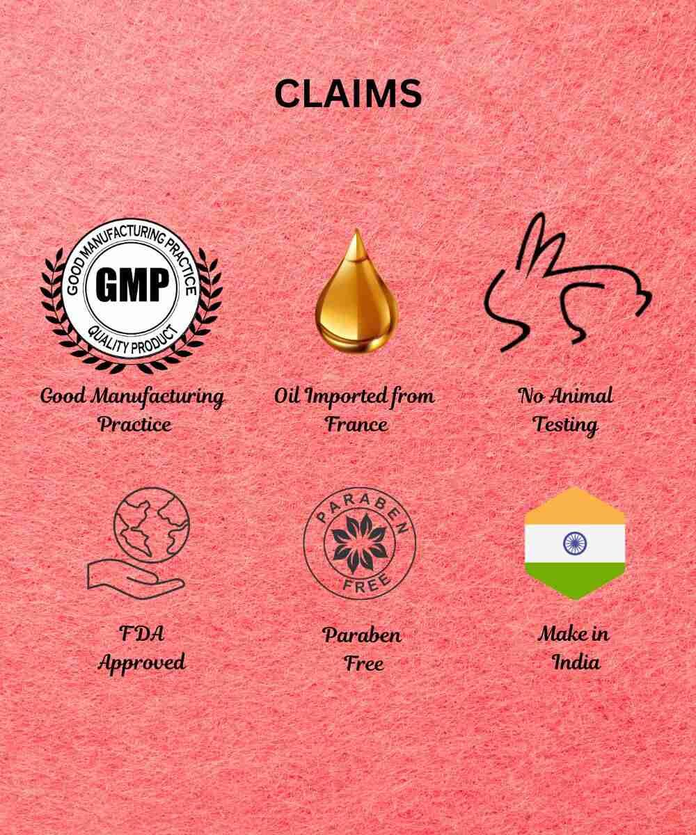 List of product claims including GMP, oil imported from France, no animal testing, FDA approved, paraben free, and made in India on a pink background.