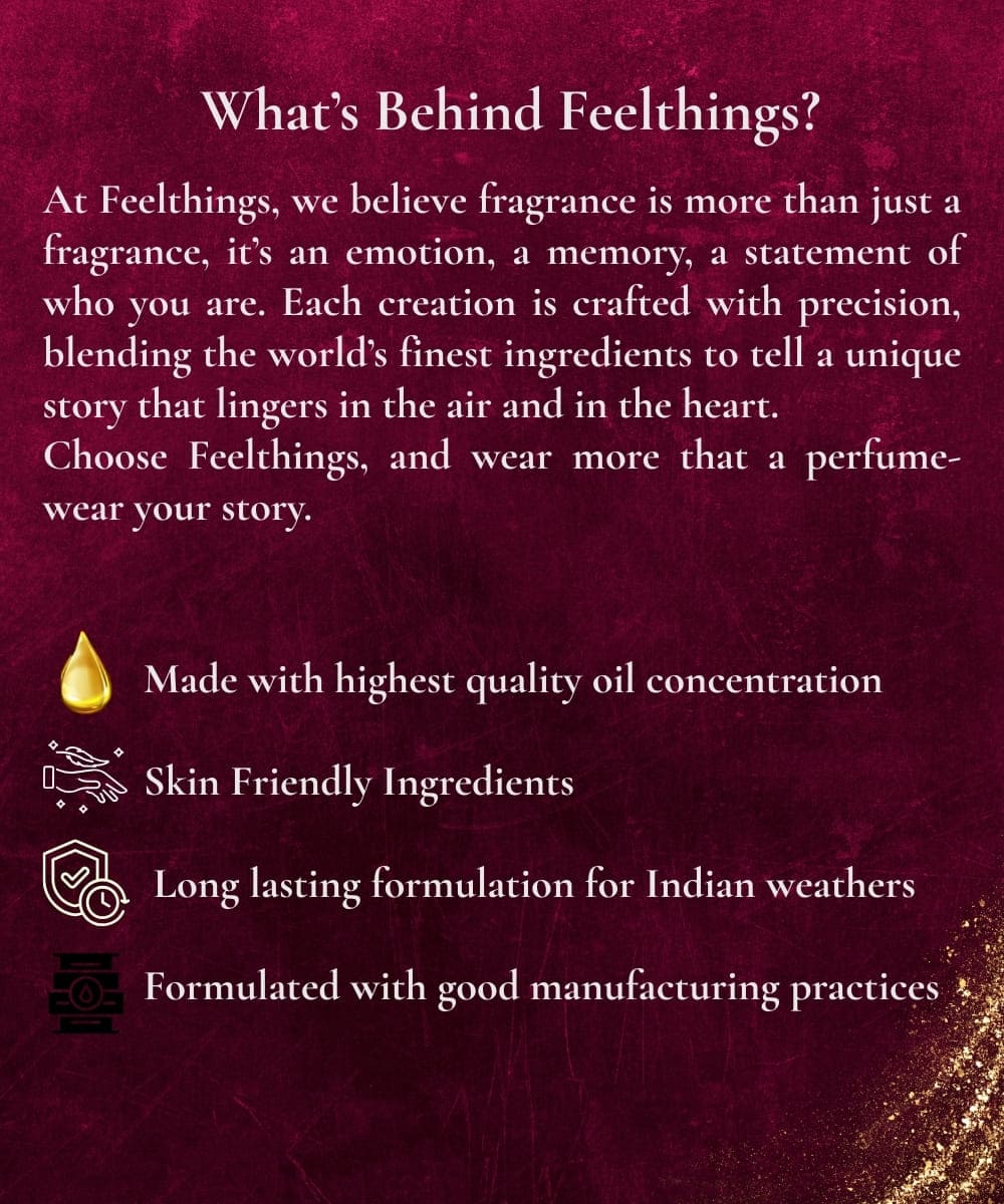 Promotional text about Feelthings fragrance on a dark red background