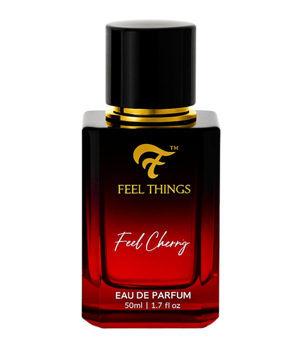 Feel cherry perfume bottle with black cap labeled 'Feel Things Feel Cherry' on a white background