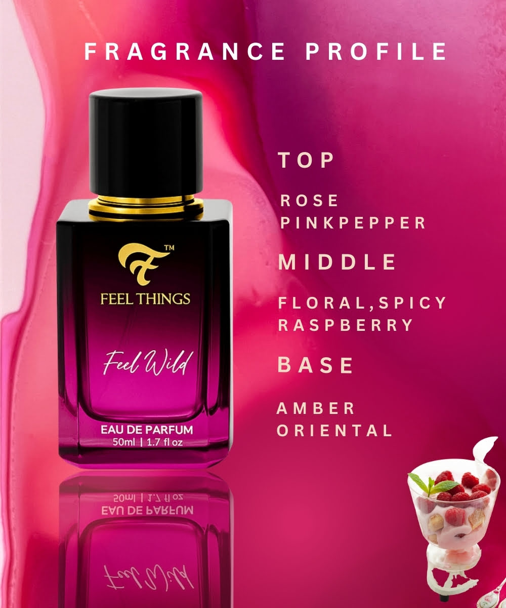 Feel wild Perfume bottle with fragrance profile on a pink background