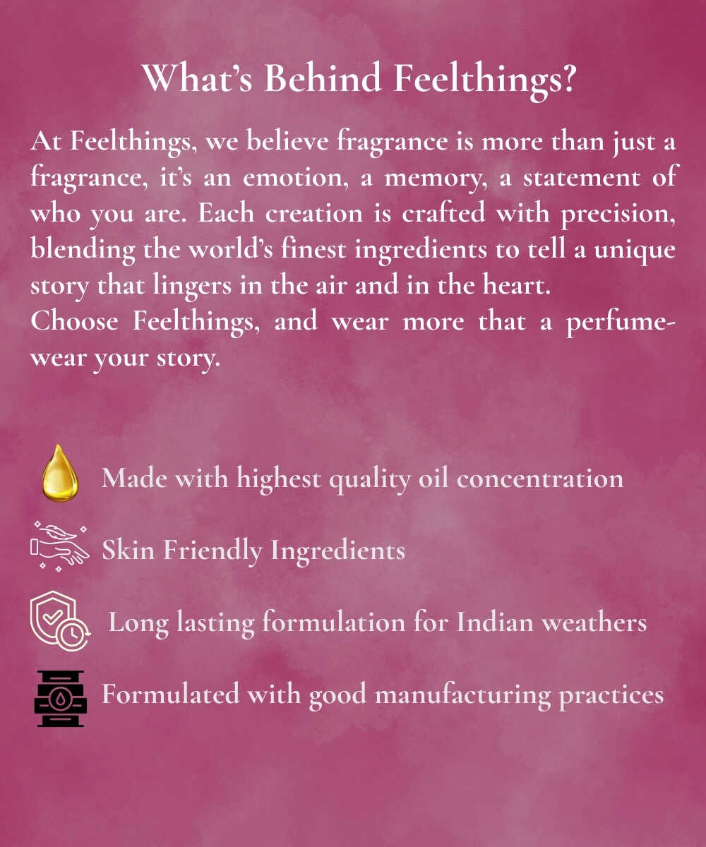 Promotional text about Feelthings fragrance on a pink background