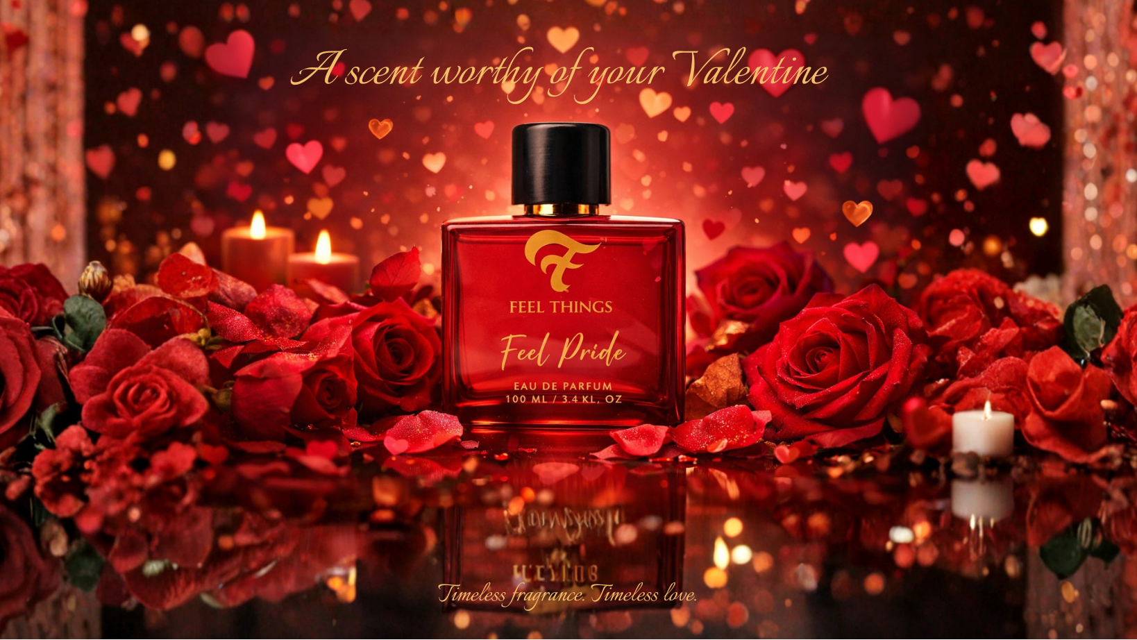 Red perfume bottle with roses and candles on a dark background