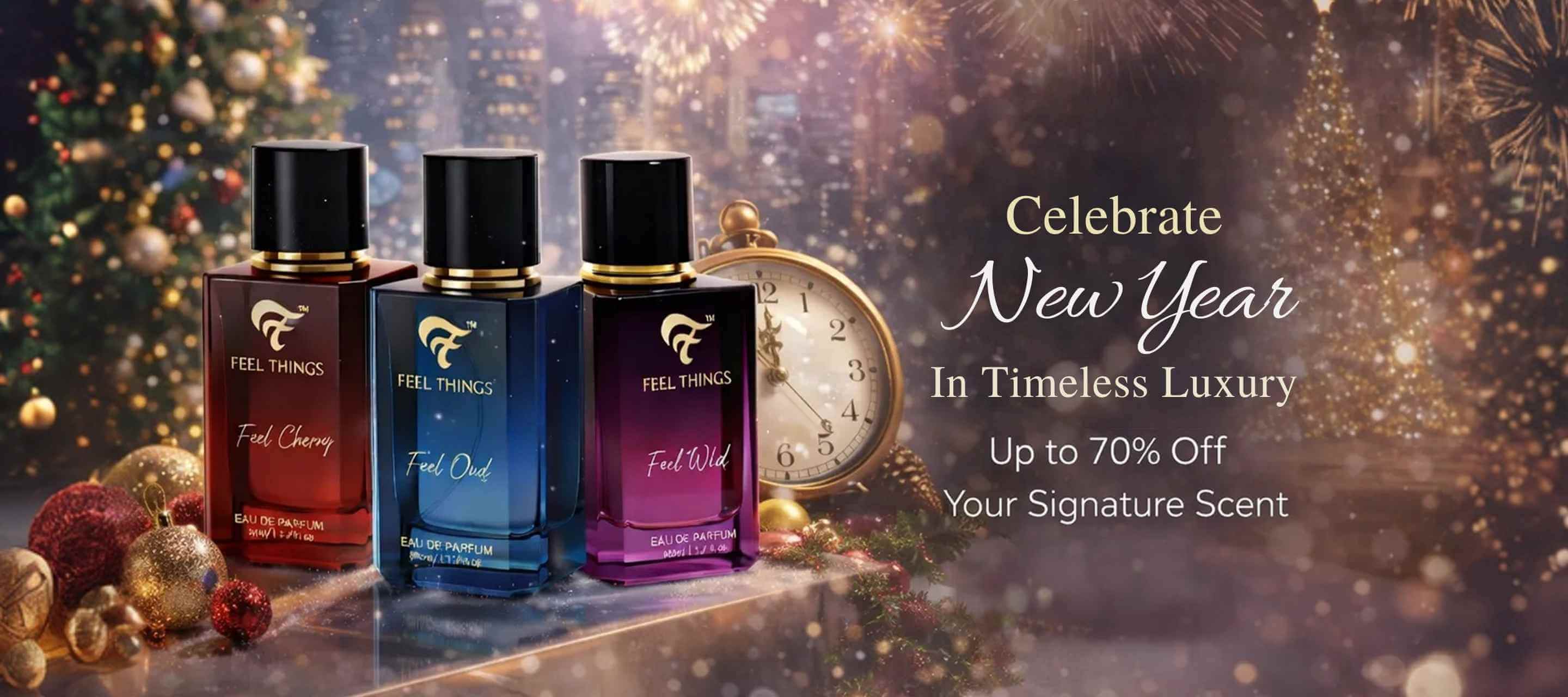 Feel Things Celebrate Three perfume Luxury Trio collection Banner on a decorative table with festive background and promotional text.