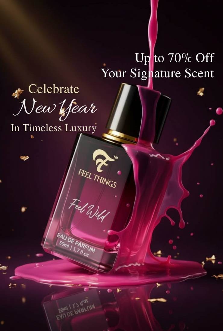 Advertisement for 'Feel Things' perfume with a splash effect on a dark background
