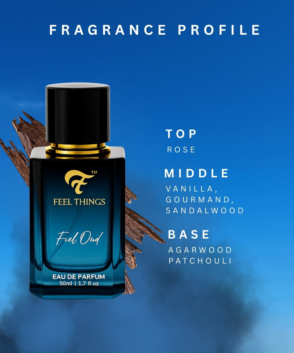 feel oud Perfume bottle with fragrance profile details on a blue background