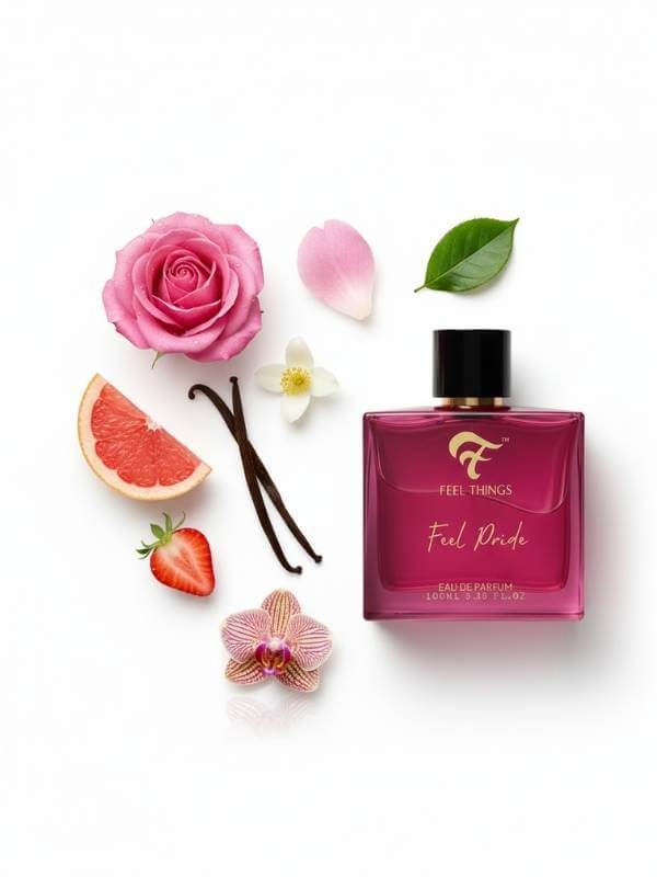 Perfume bottle labeled 'Feel Pride' surrounded by flowers and fruits on a white background