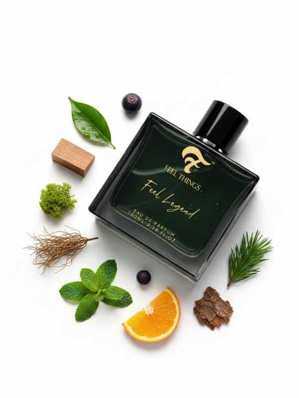 Perfume bottle labeled 'Feel Legend' surrounded by natural elements on a white background
