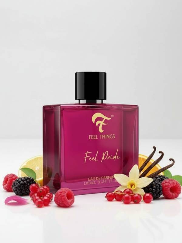 Feel pride Pink perfume bottle labeled 'Feel Pride' with fruit and vanilla decorations on a white background