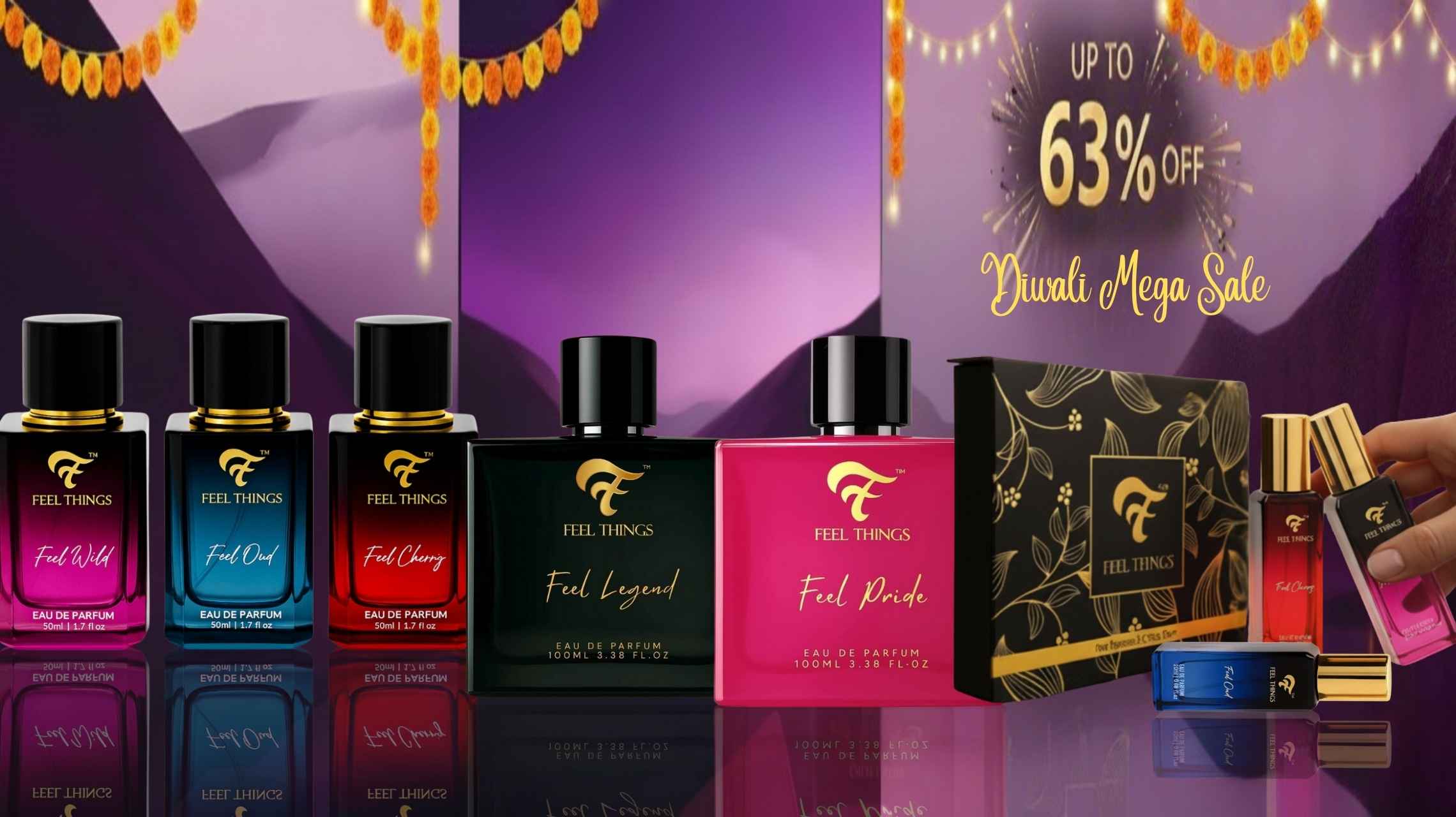 Collection of Feelthings perfume and packaging with Diwali offer.