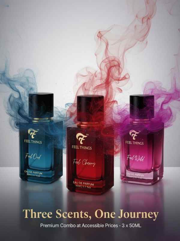 Trio perfume combo set bottles with colored smoke and 'Feel Things' branding on a reflective surface.