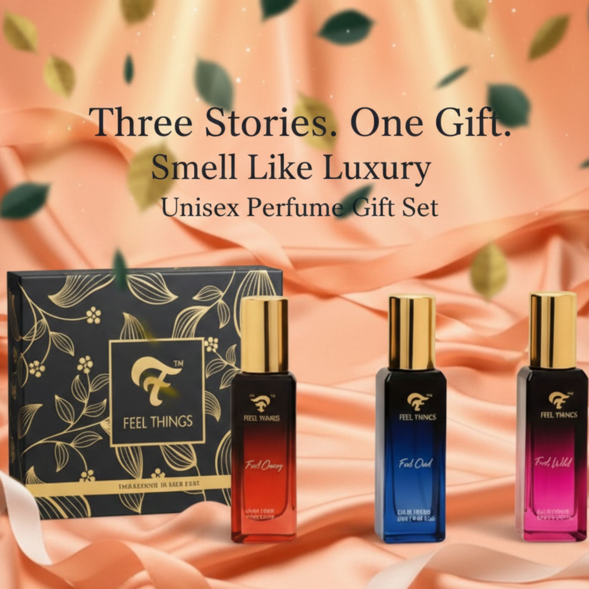 Unisex perfume gift set with three perfume bottles and a box on a soft peach satin background.