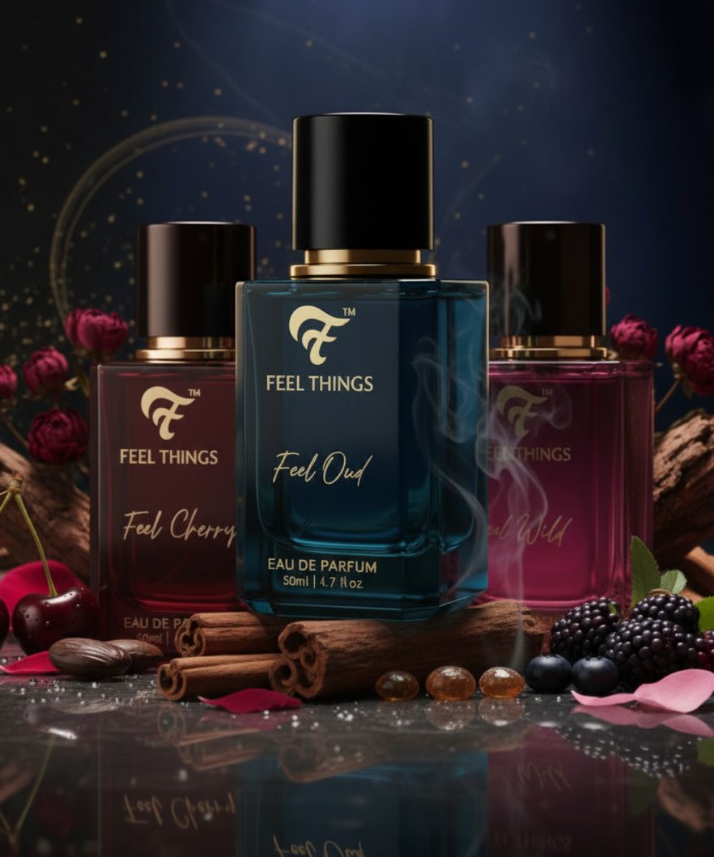 Three 'Feel Things' perfume bottles with a dark background and decorative elements.