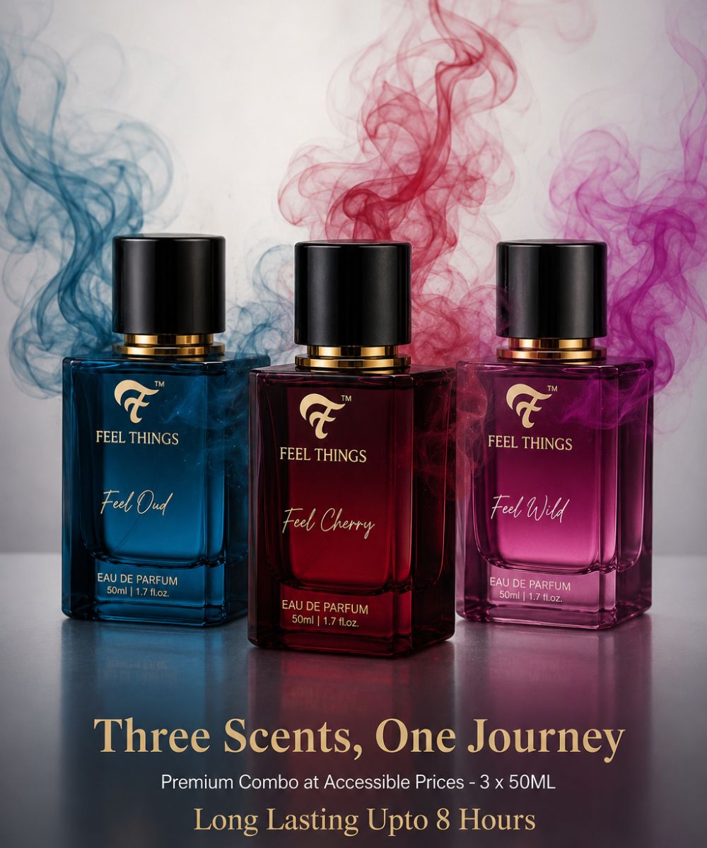 Trio Combo Perfume Set fragrance notes showcasing Feel Wild, Feel Oud and Feel Cherry scents