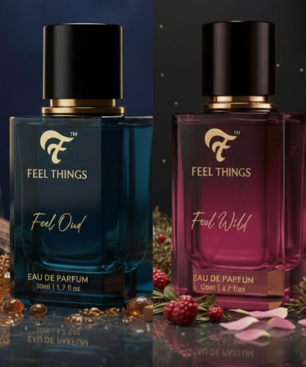 feel things perfume bottles labeled 'Feel Things' with 'Feel Oud' and 'Feel Wild' on a decorative background.