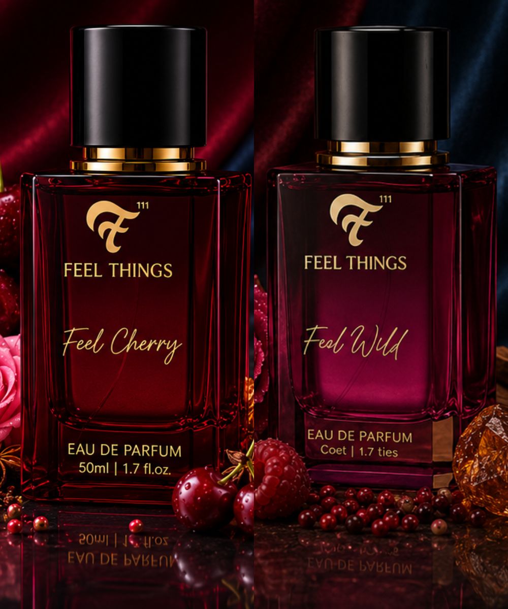 combo perfume set  'Feel Things' perfume bottles, 'Feel Cherry' and 'Feel Wild', with floral and fruit elements on a dark background.