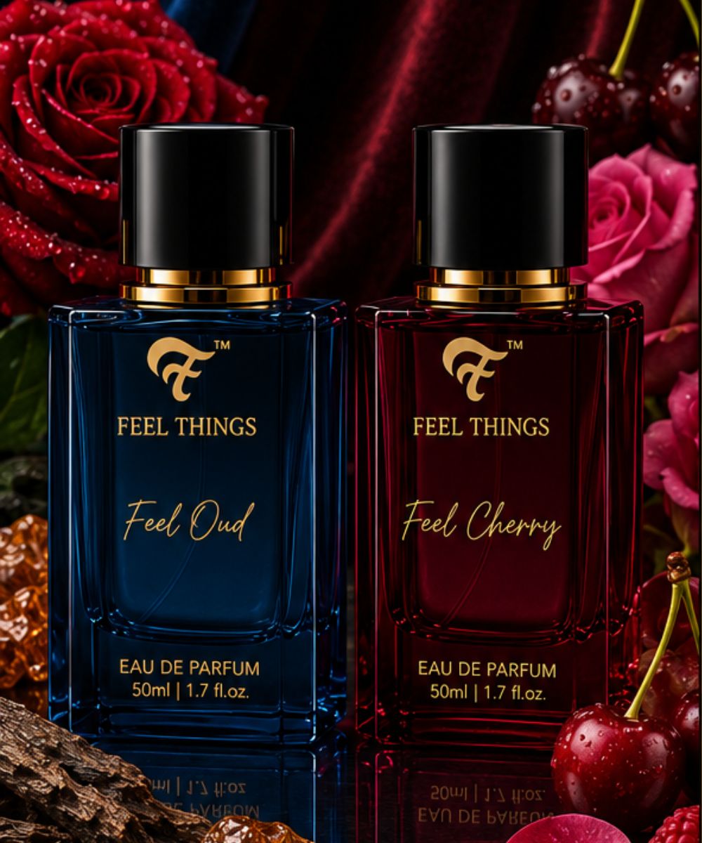 Combo perfume set bottles, 'Feel Oud' and 'Feel Cherry', with floral and fruit background.