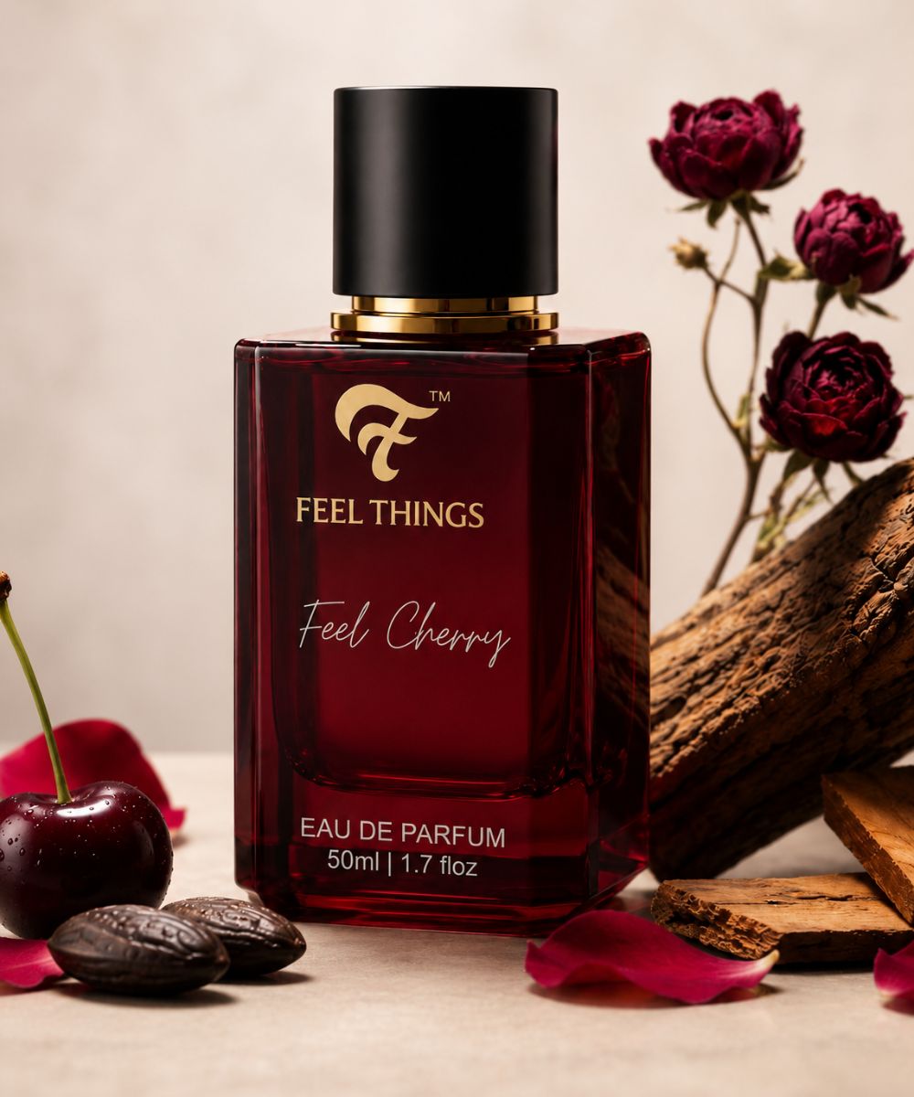 feel cherry Perfume bottle labeled 'Feel Things Feel Cherry' with cherry and rose elements on a neutral background