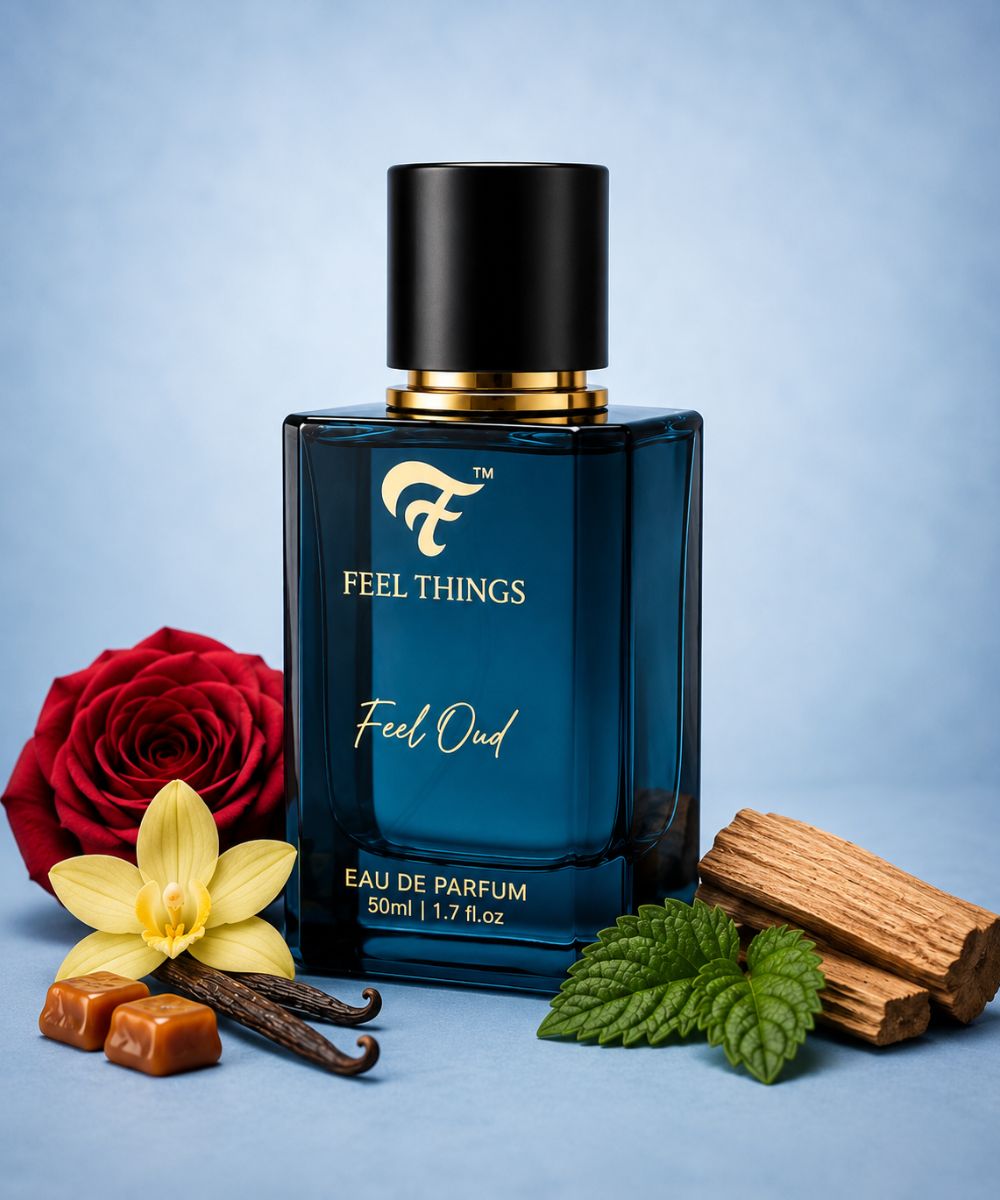 Feel Oud perfume for men 'Feel Things Feel Oud' with floral and spice elements on a light blue background