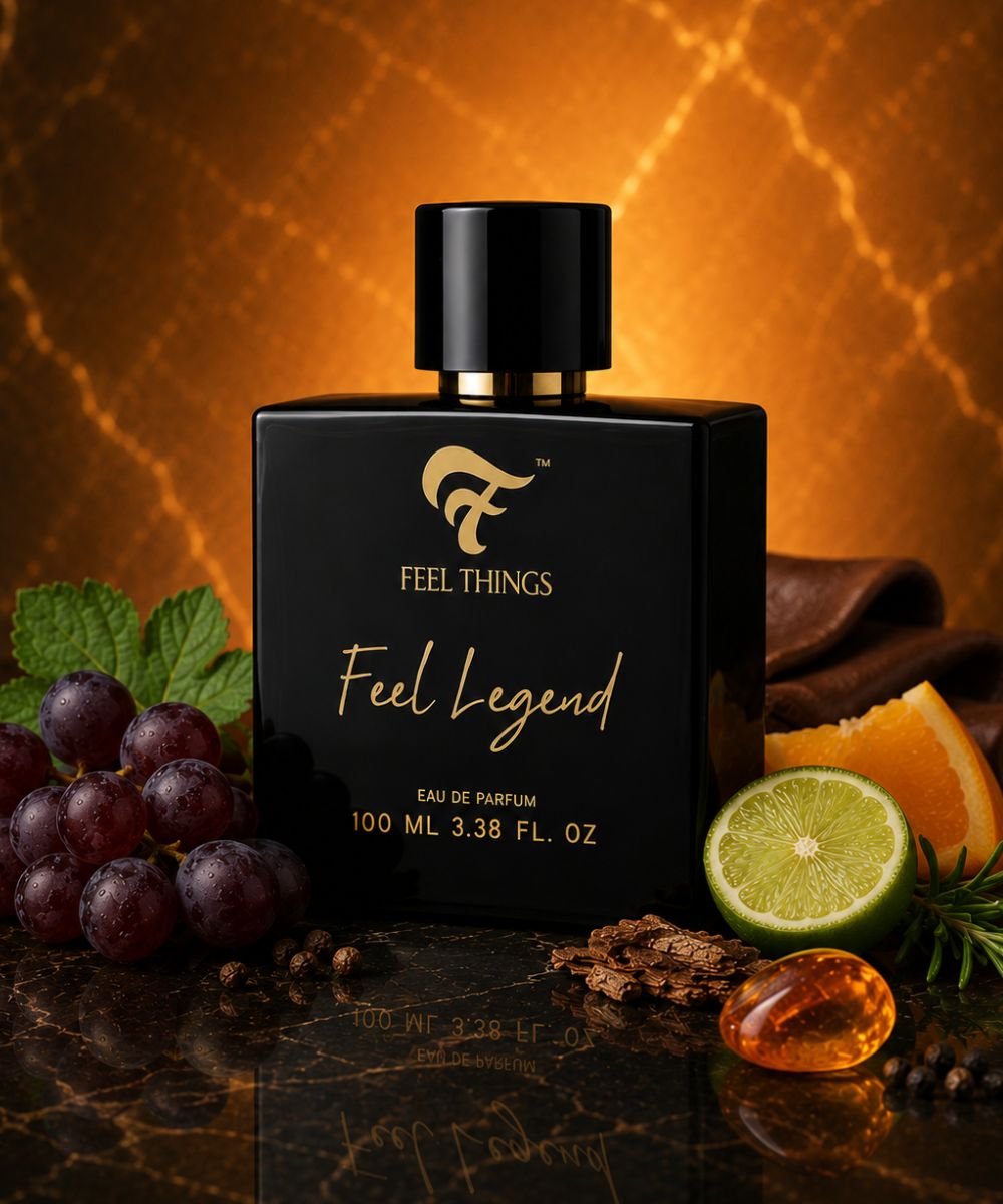   FEEL LEGEND PERFUME for men   with fruits and leaves on a textured background