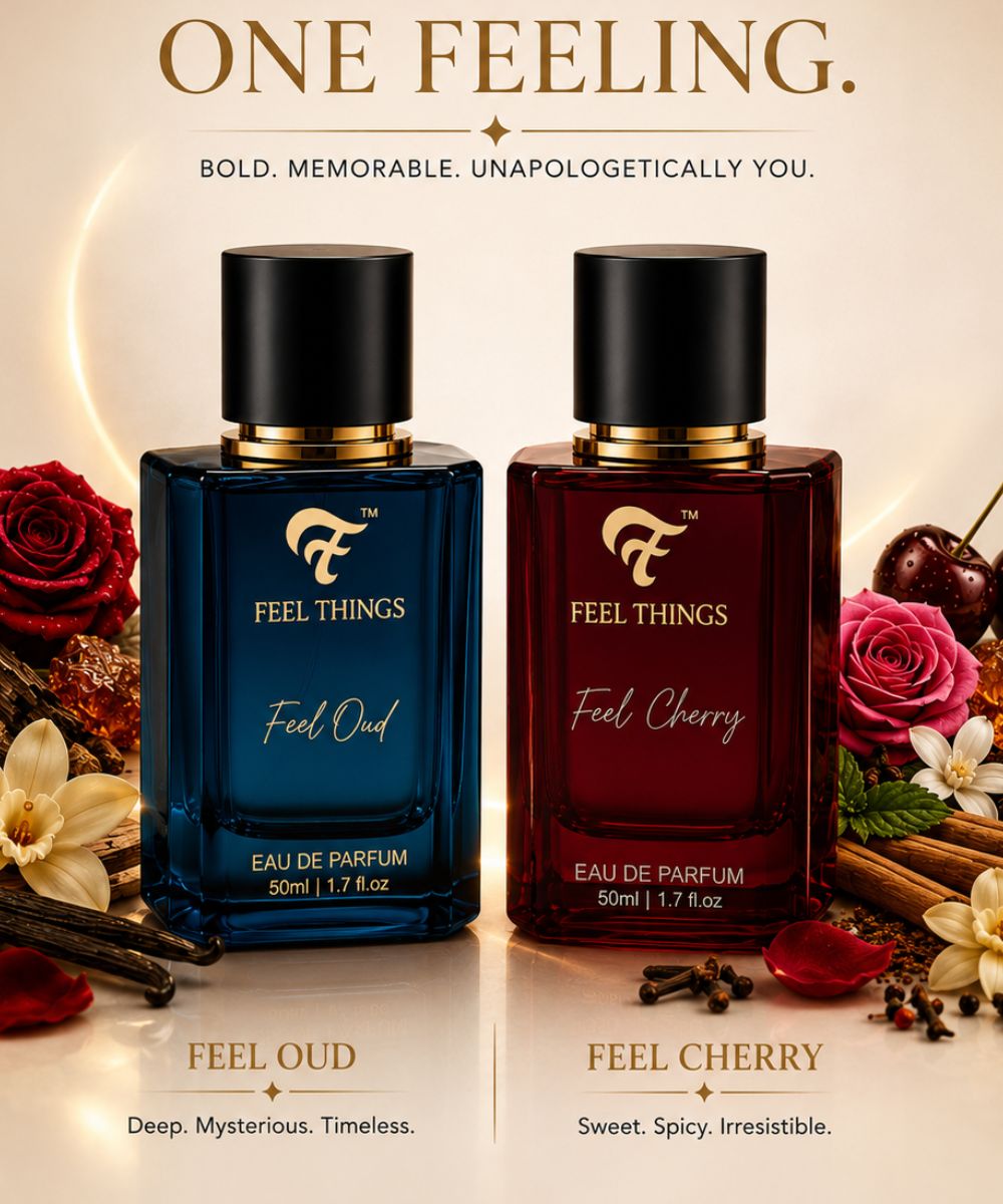 combo perfume set bottles labeled 'Feel Oud' and 'Feel Cherry' with floral and spice elements on a light background.