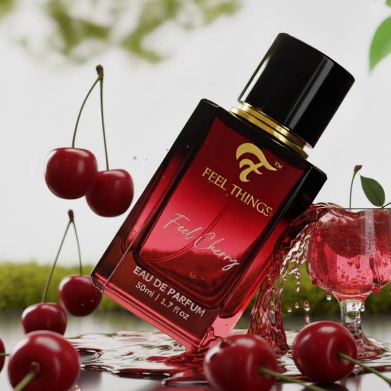 Cherry perfume bottle labeled 'Feel Things Feel Cherry' with cherries and a glass of red cherry juice.
