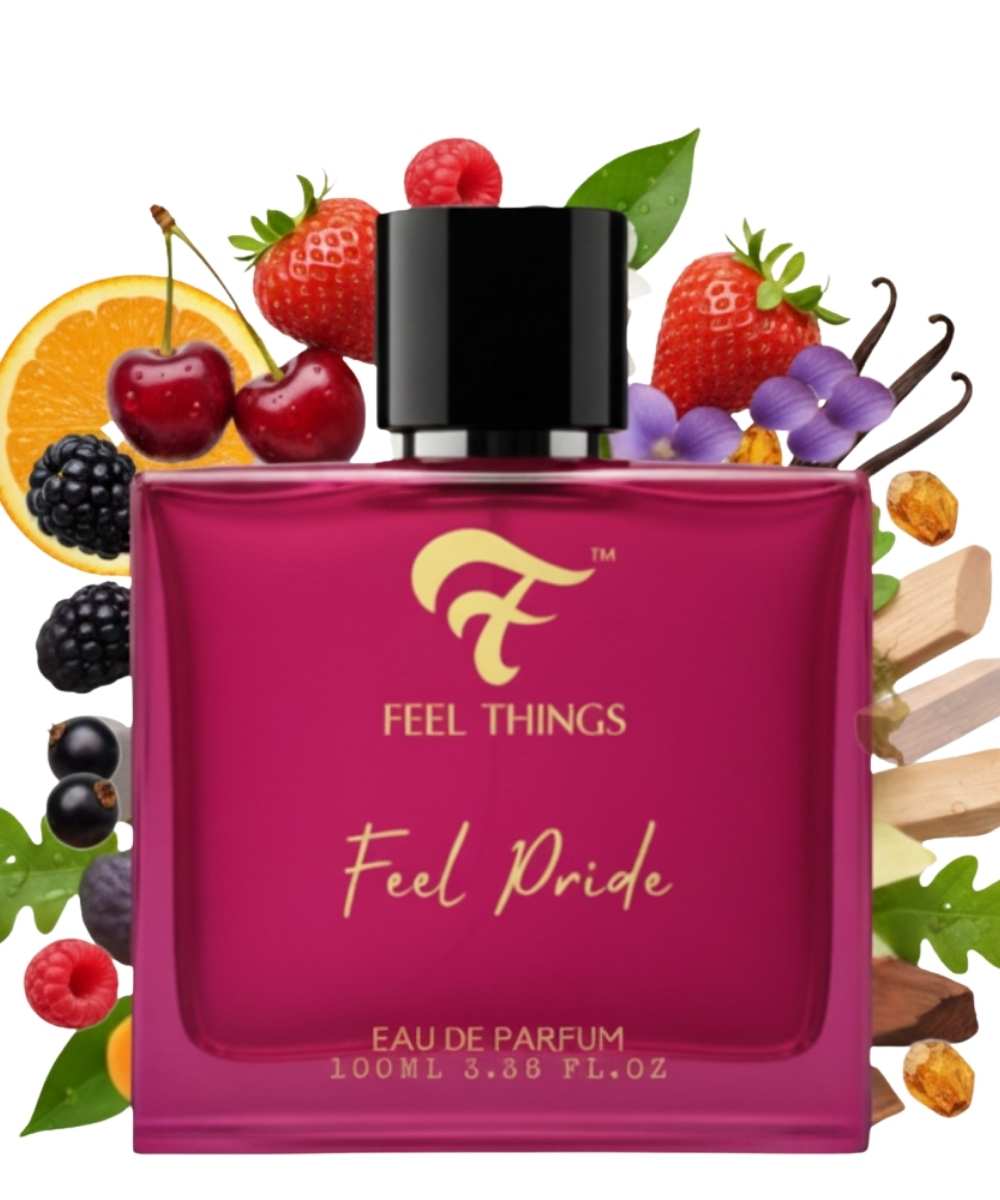Feel wild perfume bottle labelled 'Feel Things Feel Pride' surrounded by fruits and raspberry,st,amber,oriental,woody,strawberry ingredients.
