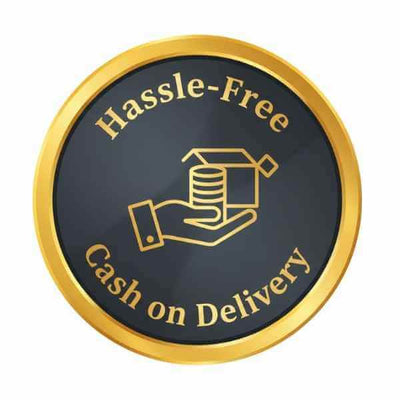 Circular logo with 'Hassle-Free Cash on Delivery' text and hand holding coins icon on a black background.