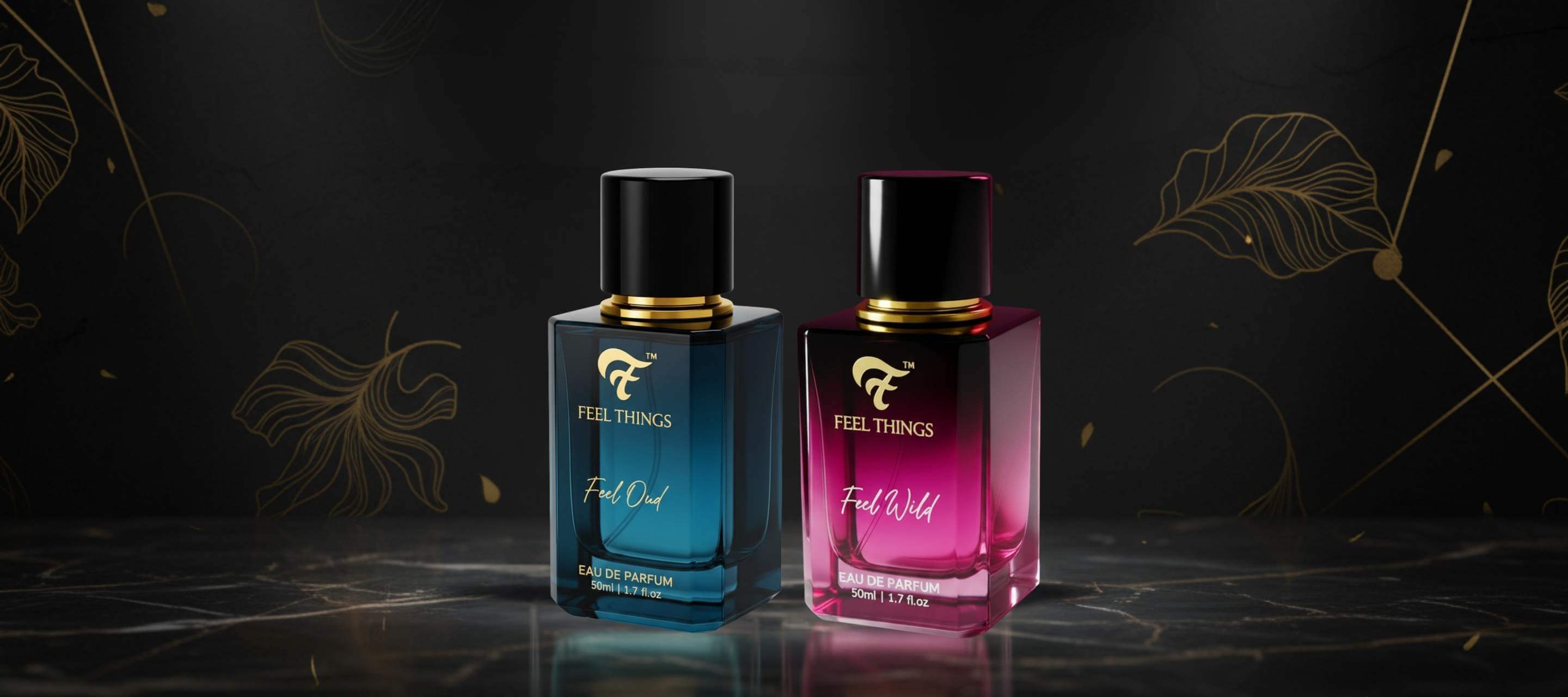 Two perfume bottles, one blue and one pink, on a dark background with decorative elements.