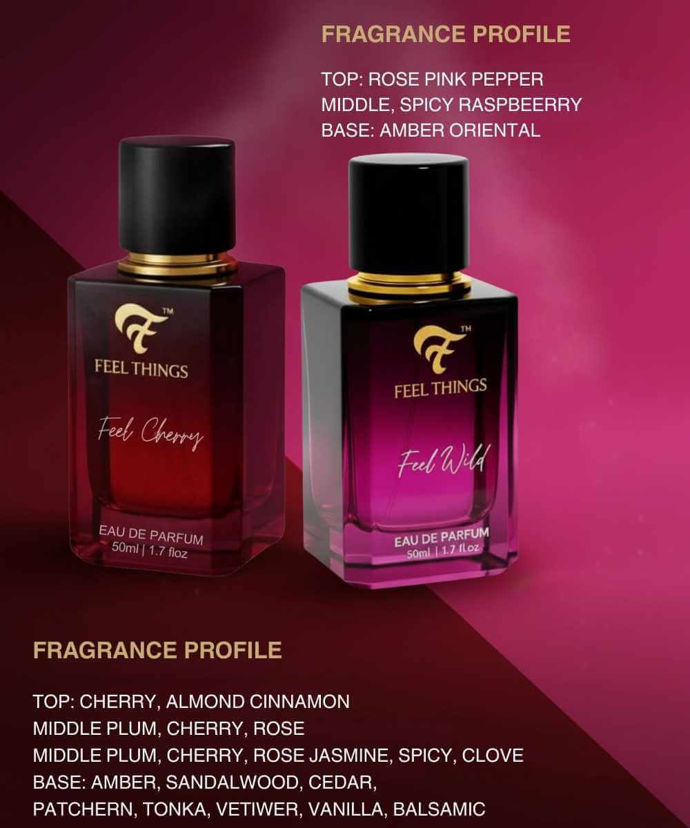  Combo perfume bottles labeled 'Feel Cherry' and 'Feel Wild' with fragrance profile details on a red and pink gradient background.