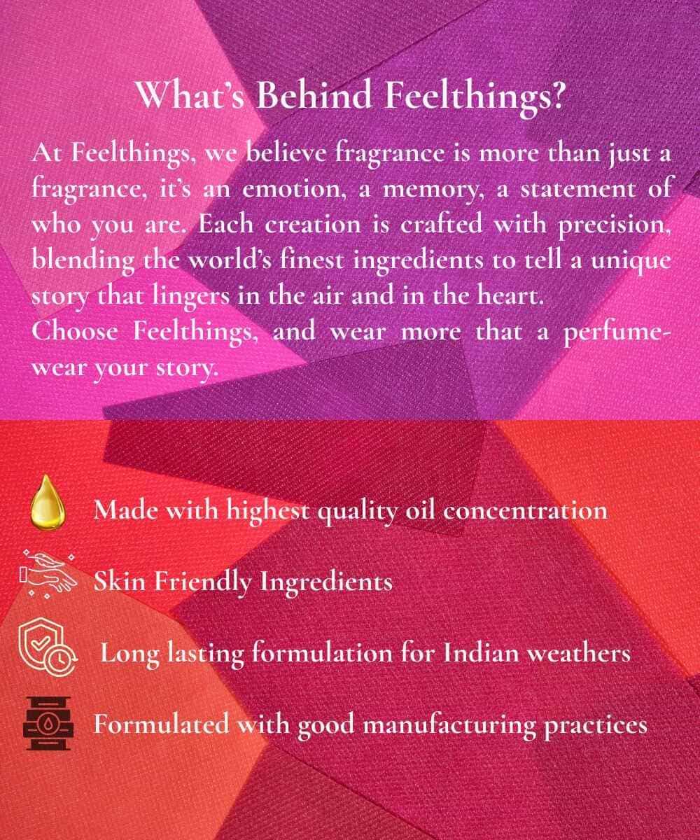 Promotional text about Feelthings fragrances on a pink and purple gradient background