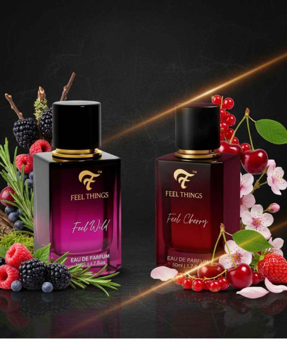Feel wild and Feel cherry'Feel Things' perfume, one pink and one red, on a white background