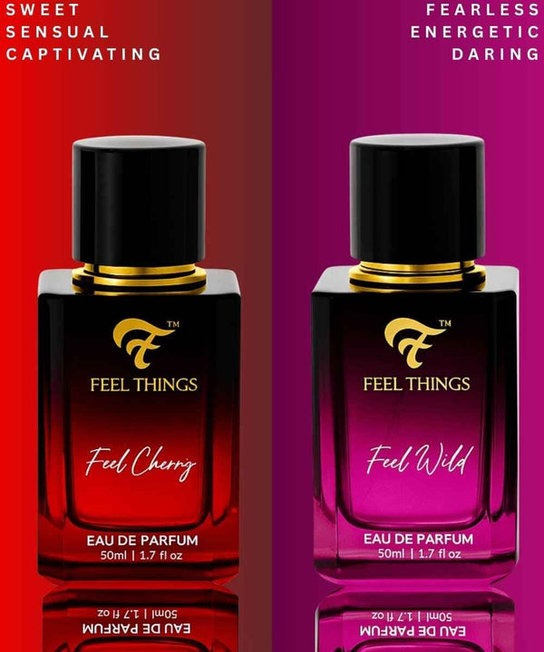 FEEL CHERRY AND FEEL WILD of Feel Things Eau de Parfum, one red and one pink, on a vibrant background.