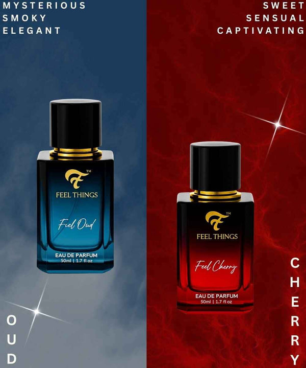Two bottles of 'Feel Things' perfume, one Feel oud and feel cherry, on a split background with text descriptors.
