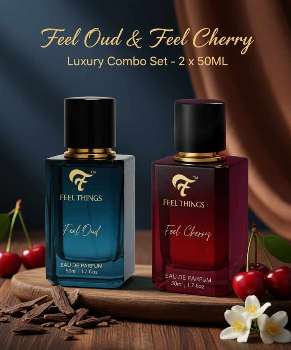 Feel Things combo Feel Oud' and 'Feel Cherry' on a wooden surface with cherries and flowers.