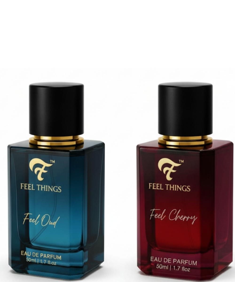 Feel oud and feel cherry 'Feel Things' perfume, one blue and one red, on a white background.