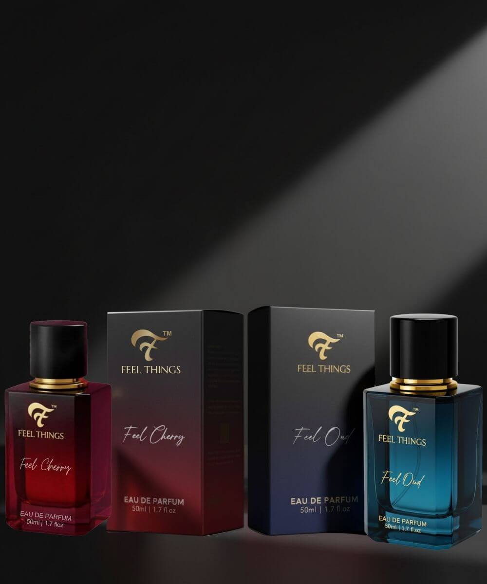 Combo perfume bottles and their packaging labeled 'Feel Things' on a dark background