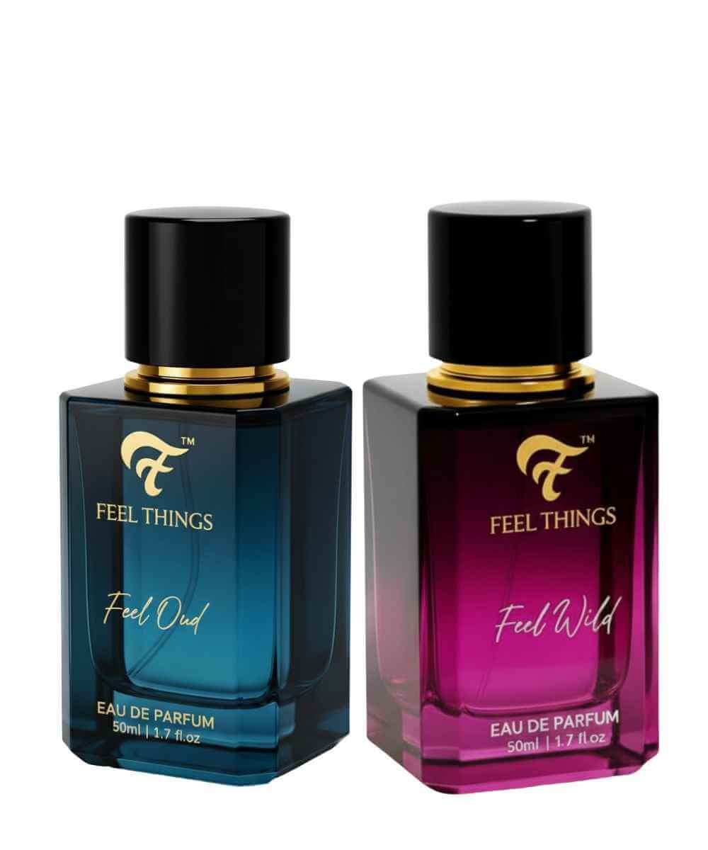 Two perfume bottles labeled 'Feel Things' in blue and purple on a white background