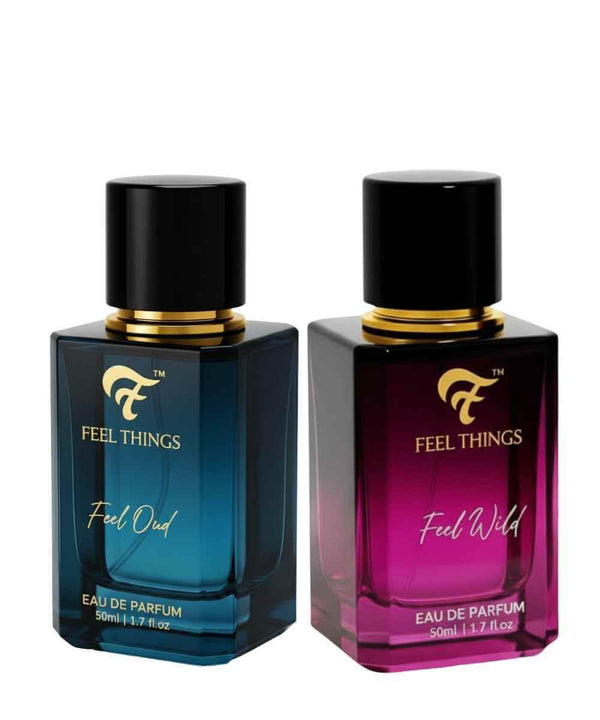 Two perfume bottles labeled 'Feel Things' in blue and purple on a white background
