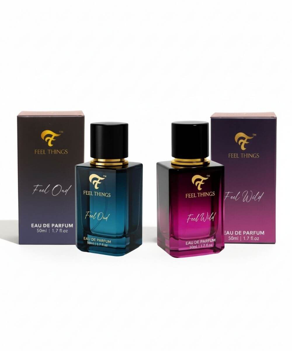 Combo perfume bottles with 'Feel Things' branding on a white background