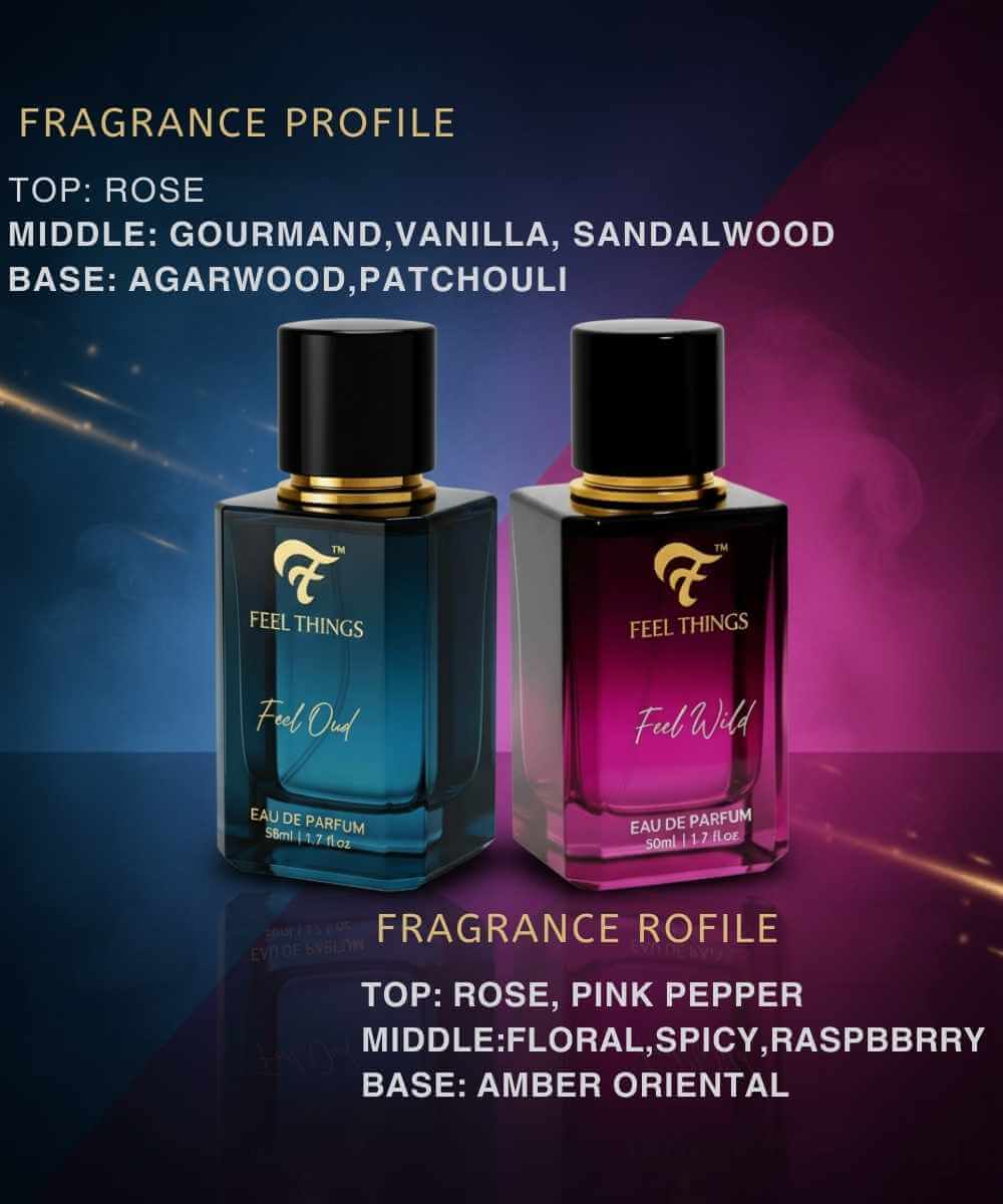 Combo perfume bottles labeled 'Feel oud and Feel wild' with fragrance profiles displayed on a colorful background.