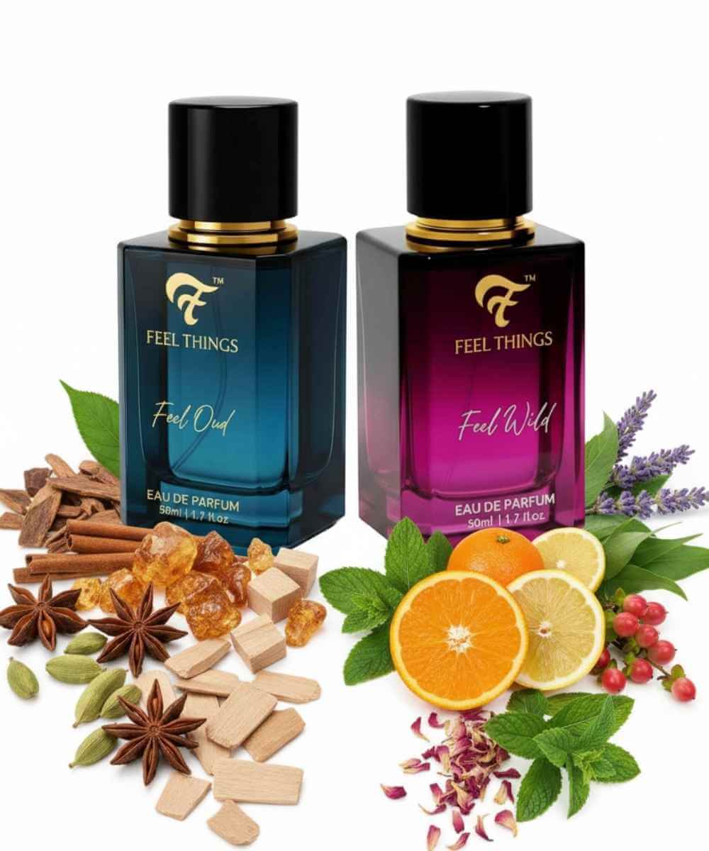 Two perfume bottles labeled 'Feel Things' in blue and purple on a white background